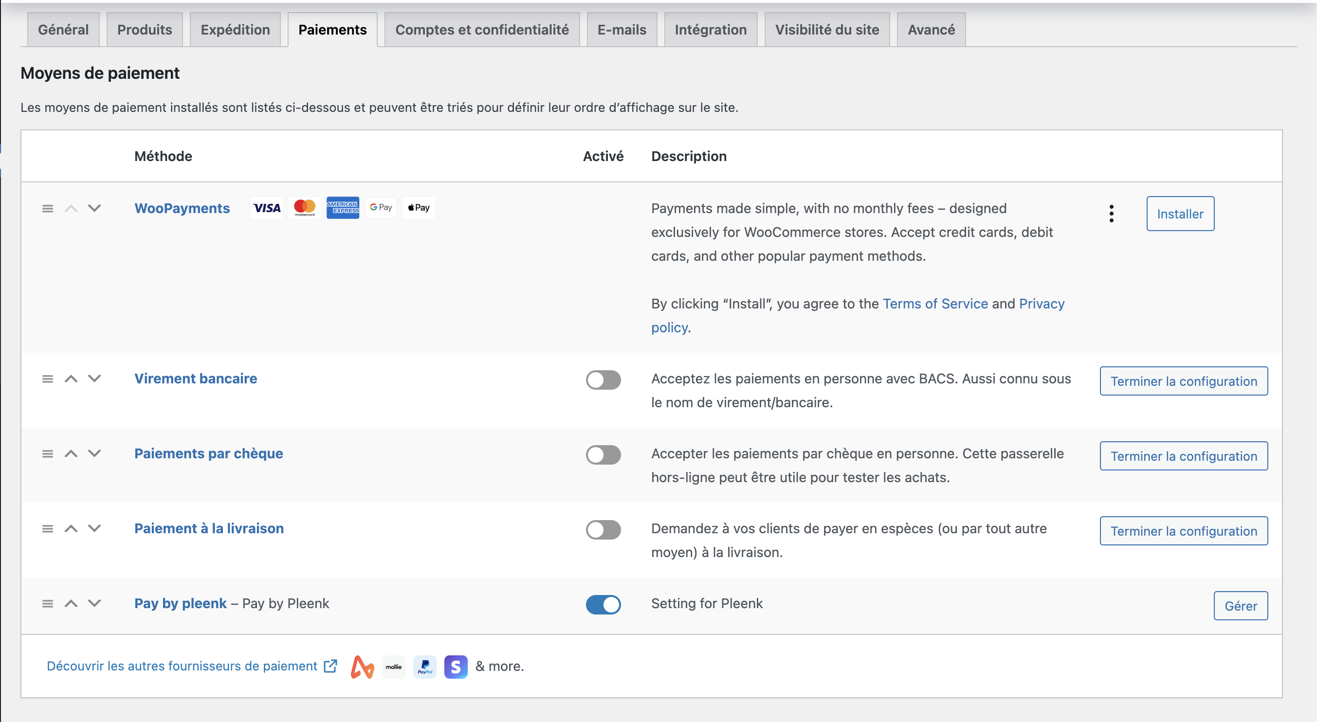 View Pleenk among the available payment methods in your WooCommerce settings