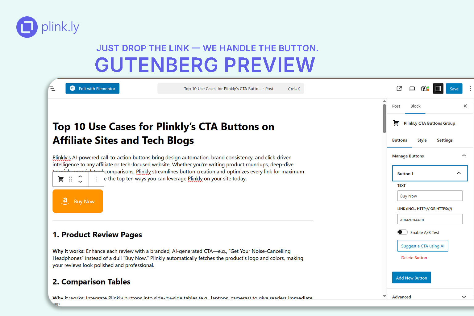 Gutenberg block: insert Plinkly CTA buttons.