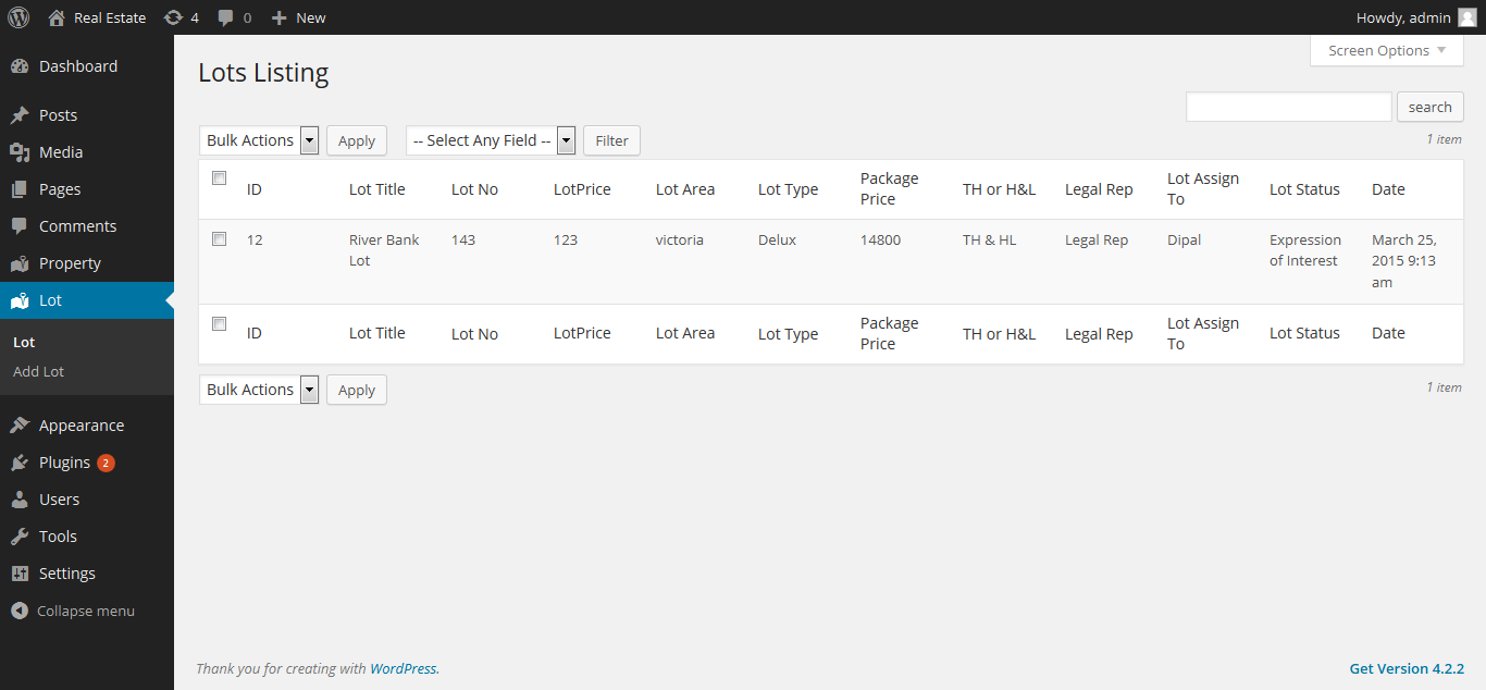 Lot Listing Page.