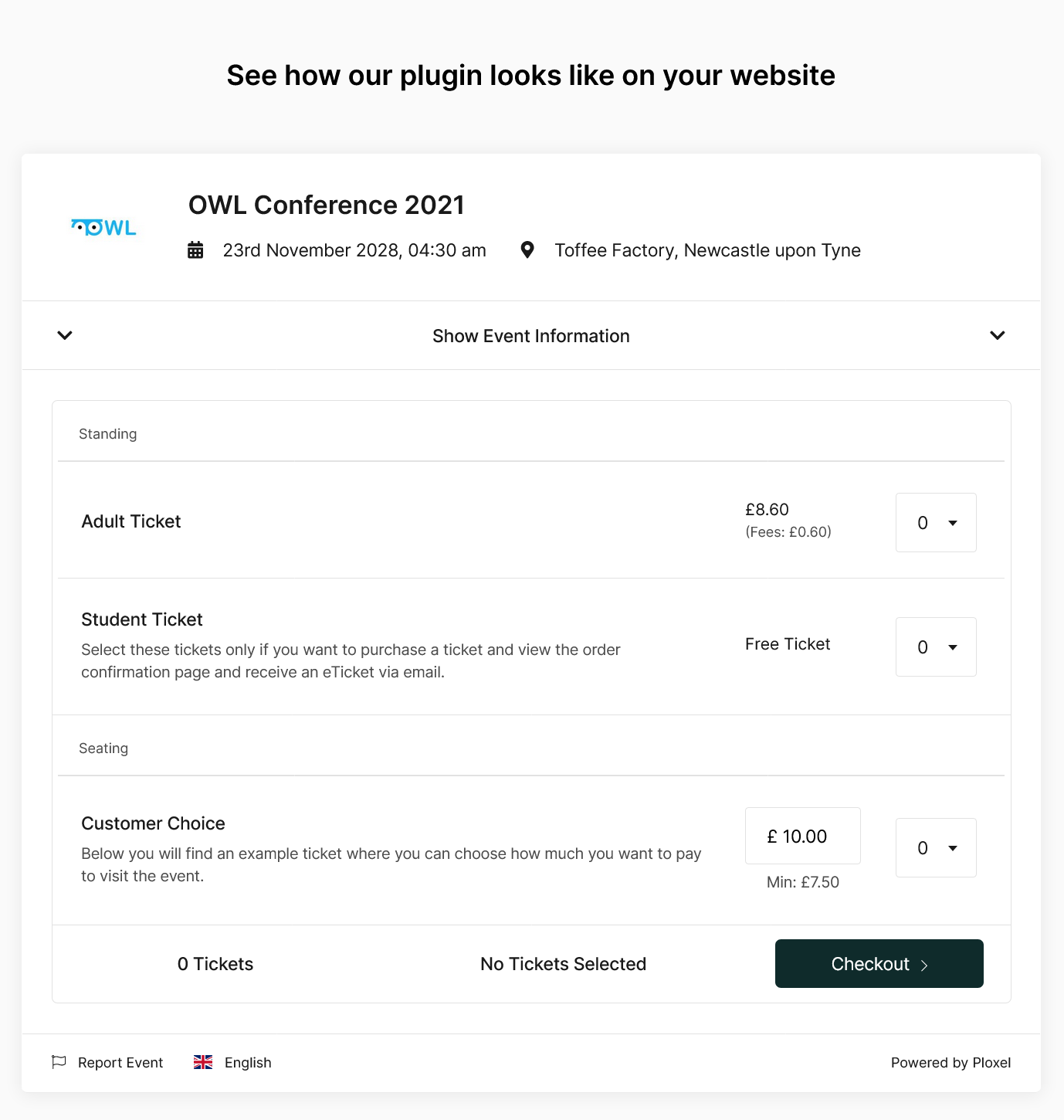 Example on an integrated ticket store into a WordPress website.