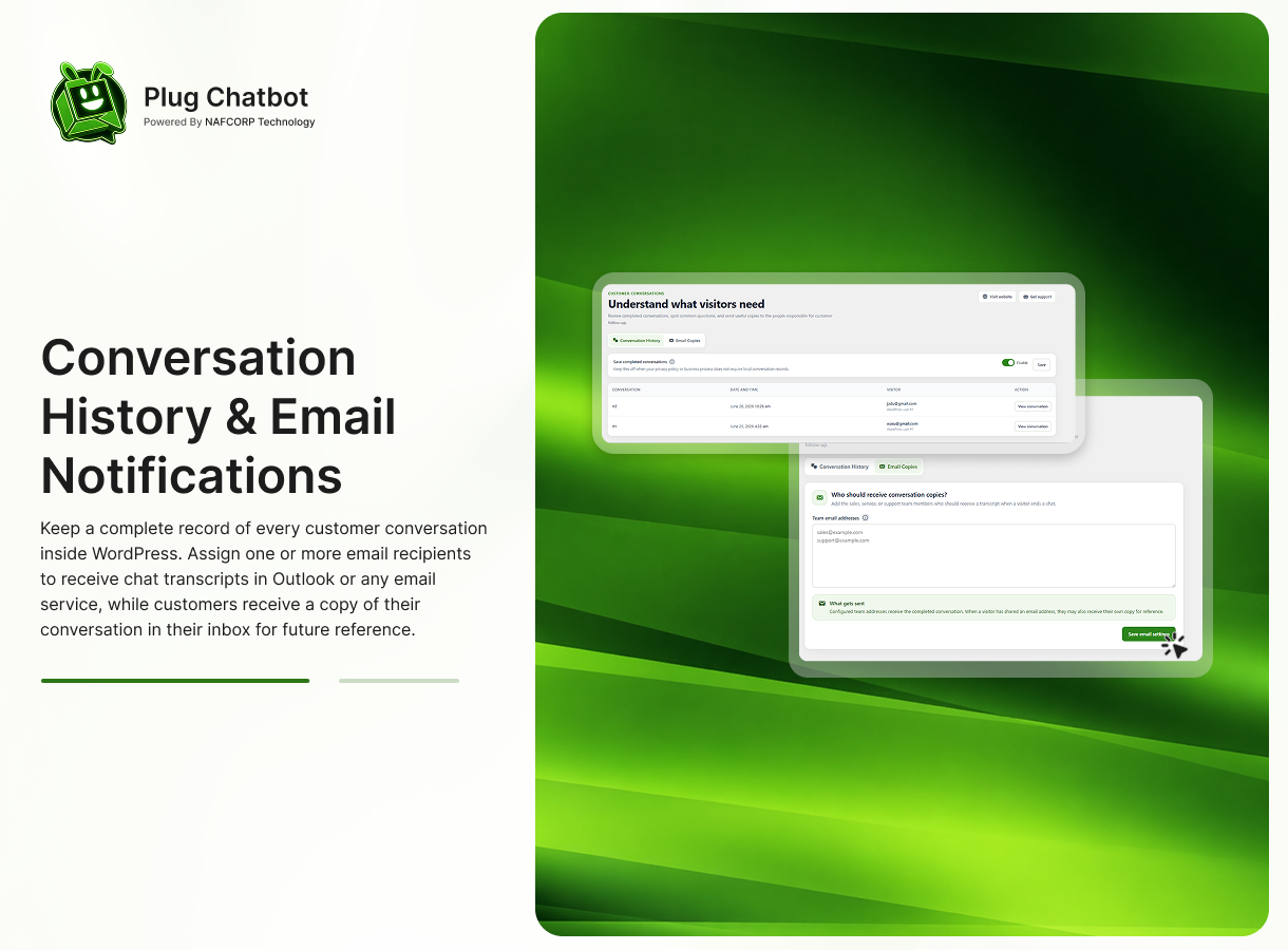 Plug Chatbot Conversation History & Email Notifications for your WordPress site.