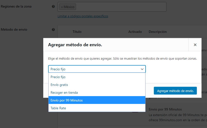 Agregar método de envío en "Zonas de envío"