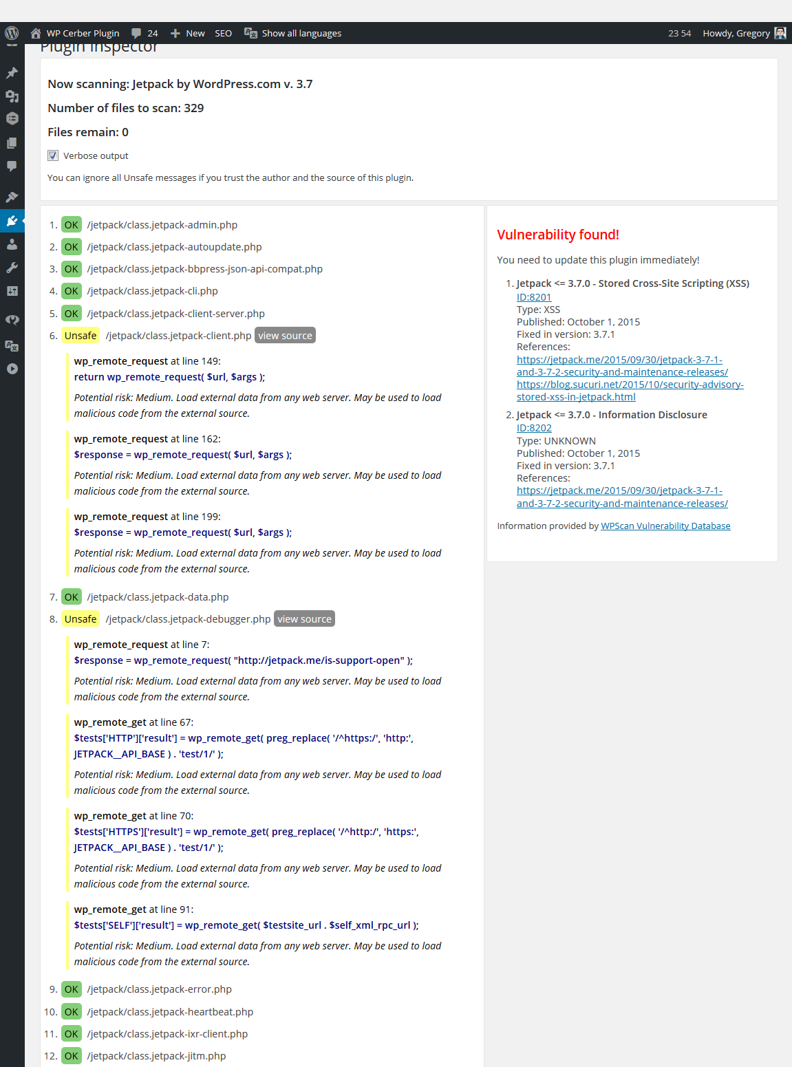 Plugin Inspector is scanning files and looking for deprecated and unsafe function