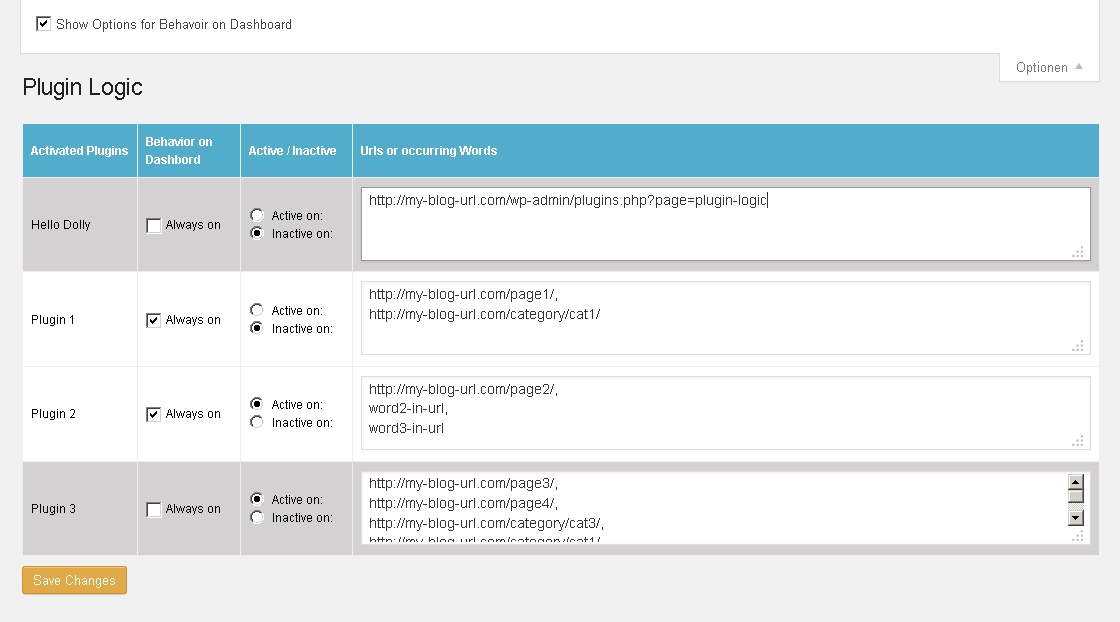 Options for the behavior on dashbord.