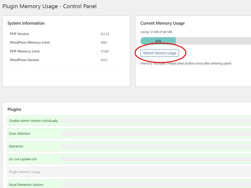 Plugin Memory Usage - Control Panel