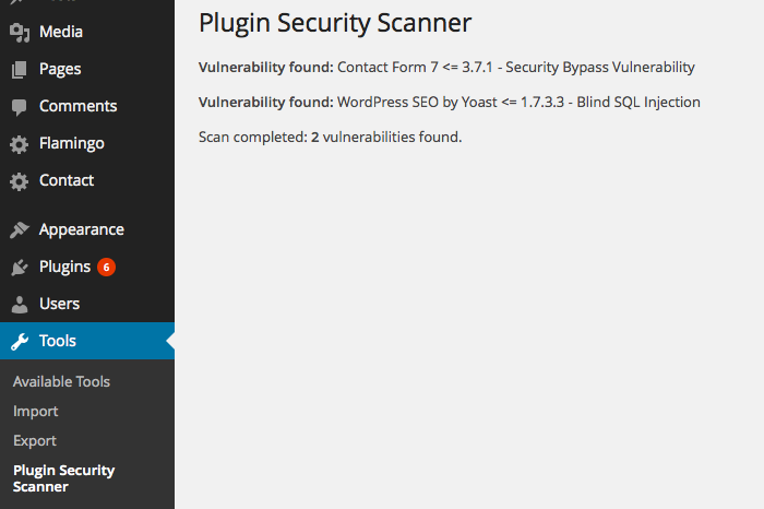 Example run of the security scanner that has found two vulnerable plugins.