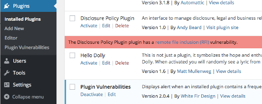 Alert Shown on Installed Plugins Page For Vulnerability In Version of Plugin In Use