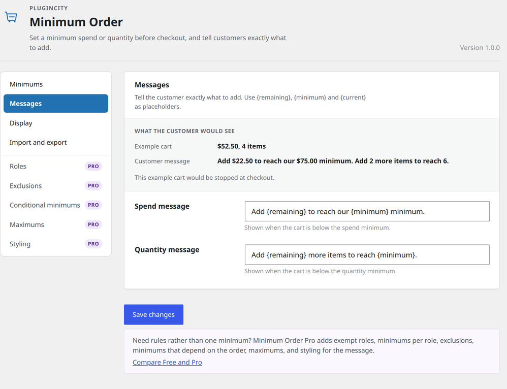 The wording is yours. {remaining}, {minimum} and {current} fill themselves in from the cart in front of the customer.