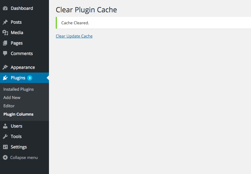 A page dedicated to clearing cache on the Last Updated Column.