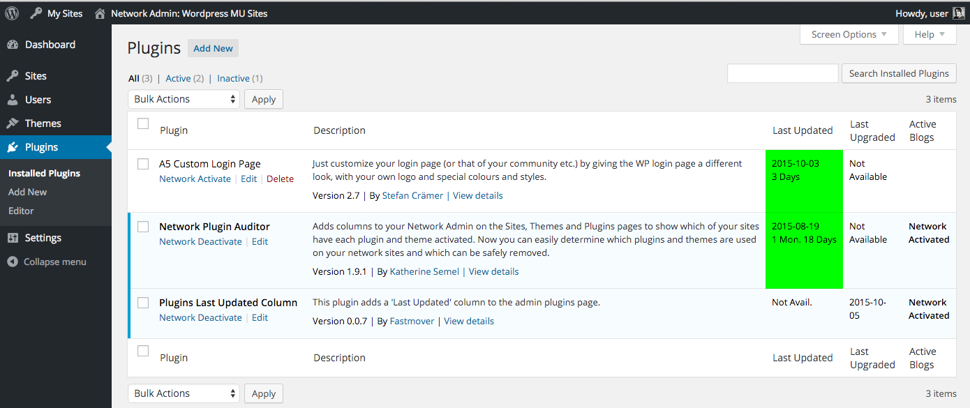 Shows a WordPress MultiSite Network Plugin page with last updated / last upgraded columns.
