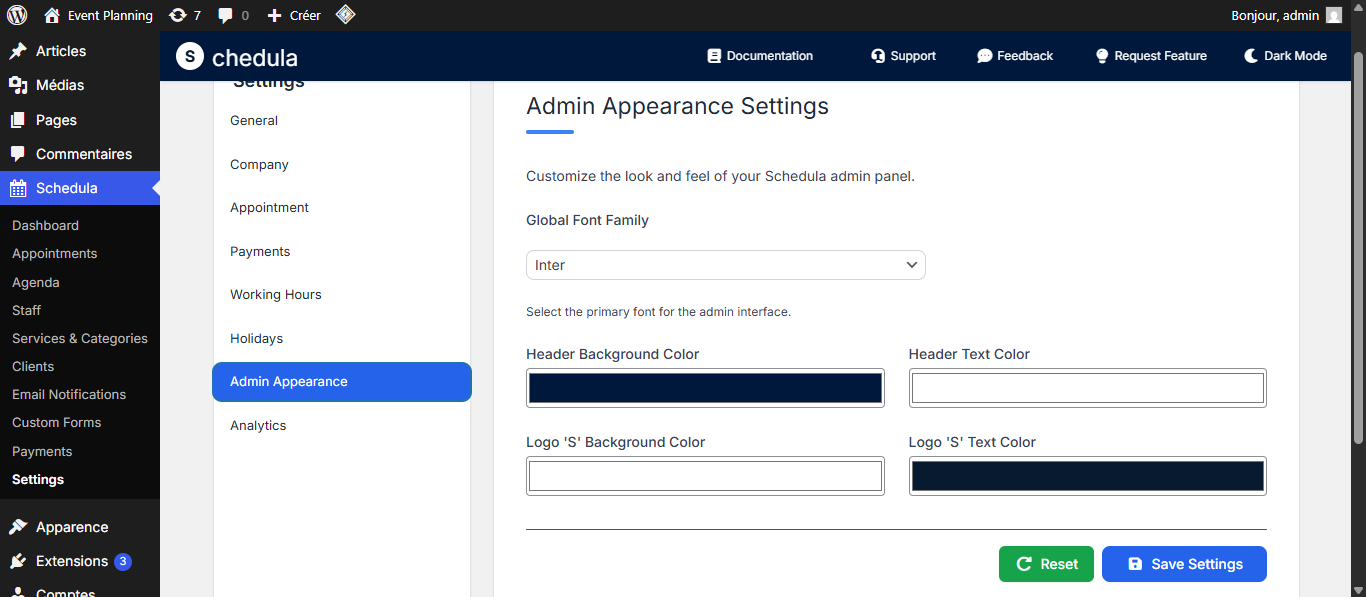 Appearance Settings - Screenshot showing admin panel appearance customization