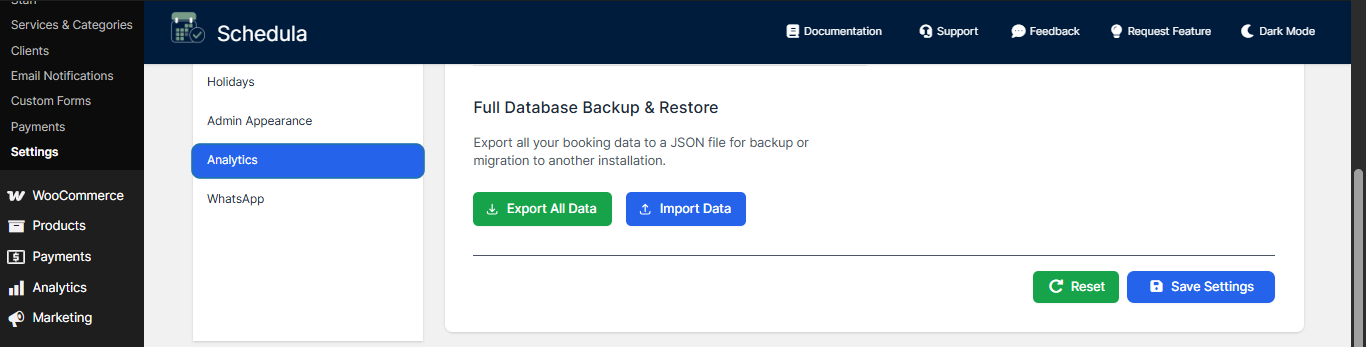 Export and Import - Screenshot showing export and import buttons for full data management