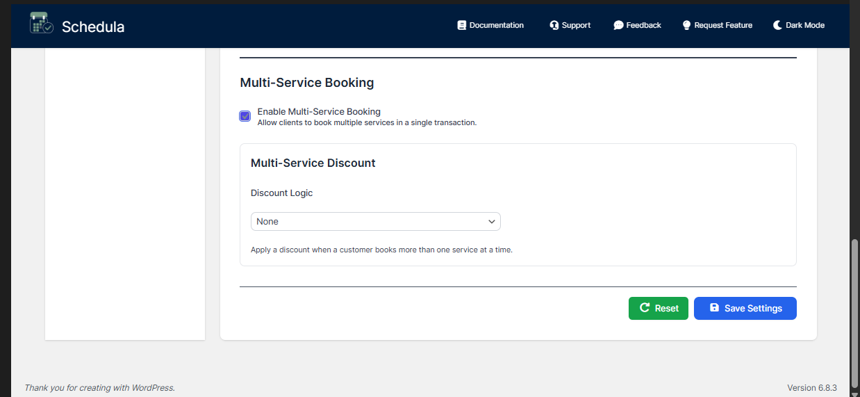 Multi-Service Booking Settings - Screenshot showing multi-service booking configuration