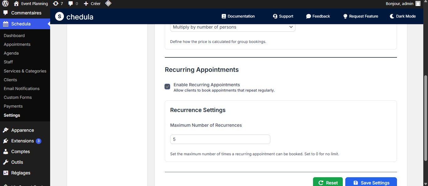 Recurring Appointments Settings - Screenshot showing recurring appointment configuration