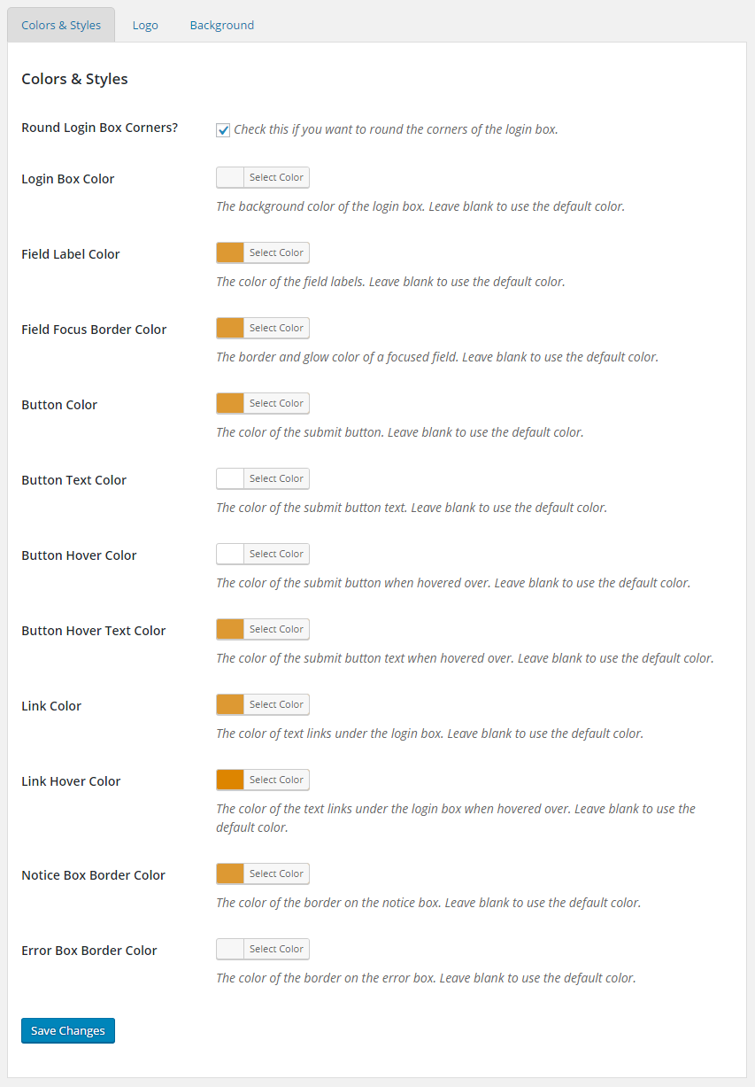 Change the colors of the login, registration and forgot password page elements.