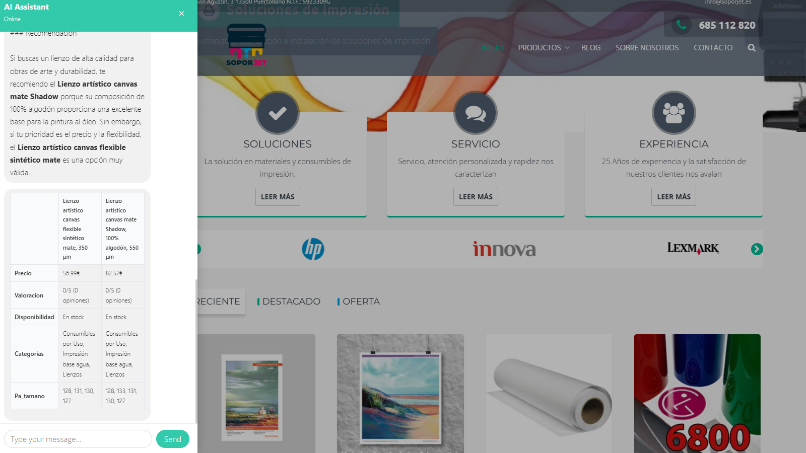 Side-by-side product comparison table generated by the assistant inside the chat.