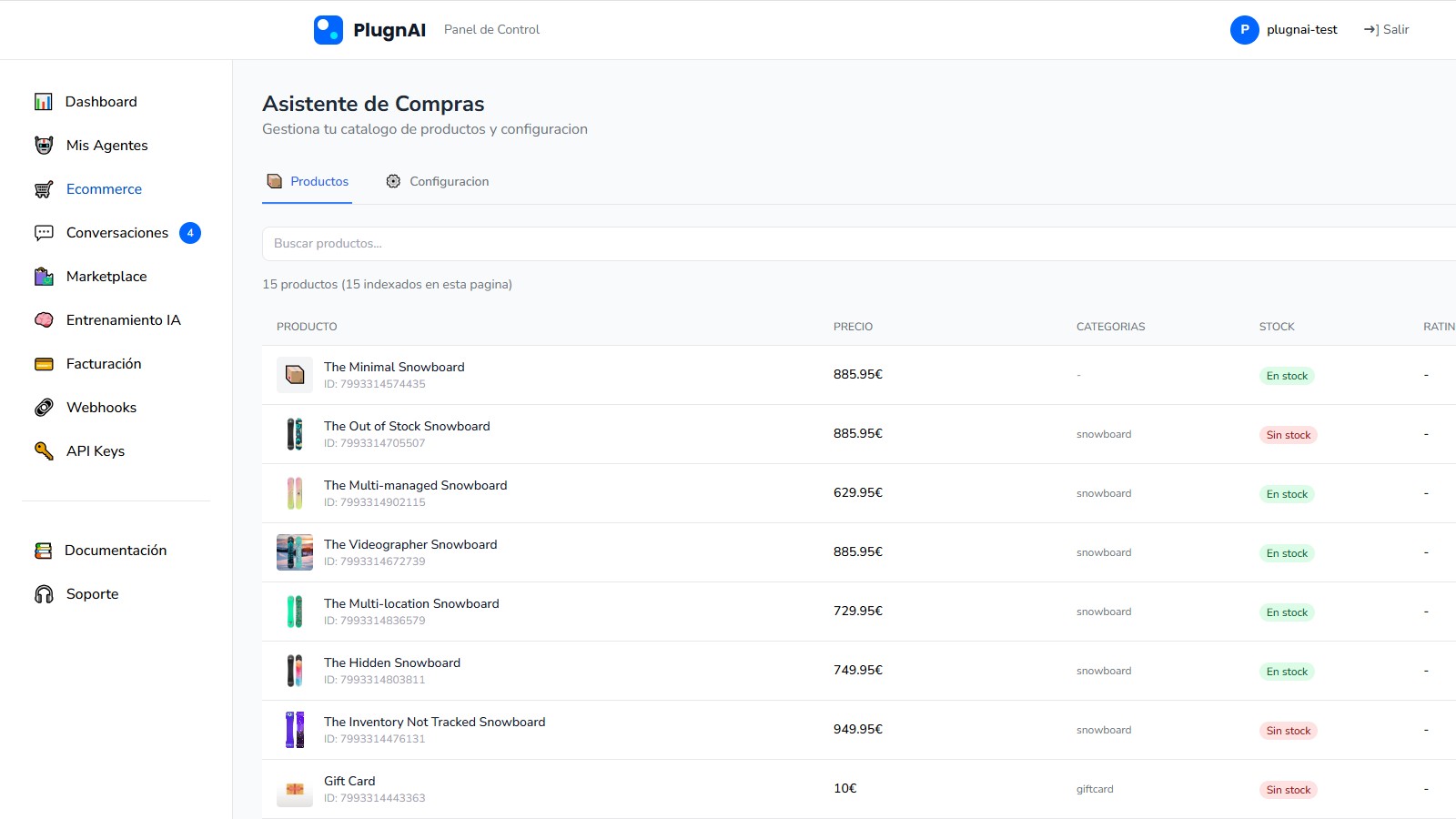 Synced products list shown in the PlugnAI dashboard after automatic catalog sync.
