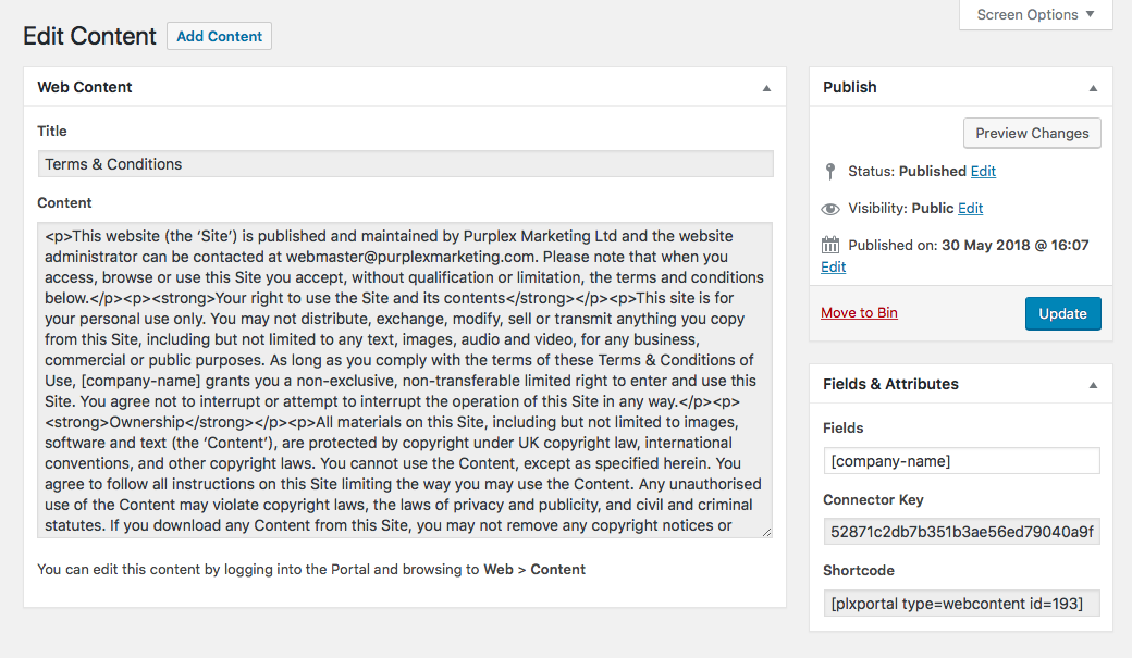 Web Content - Content Shortcode setup view