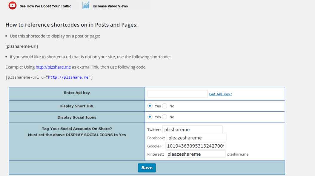 Optionally, you may change your API Key and social settings from the Settings page.