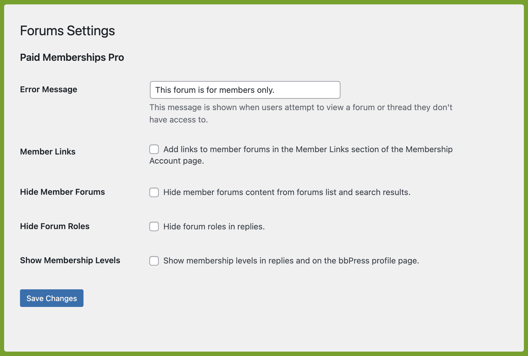 Additional Private Forum Settings on the Settings > Forums screen in the WordPress admin.