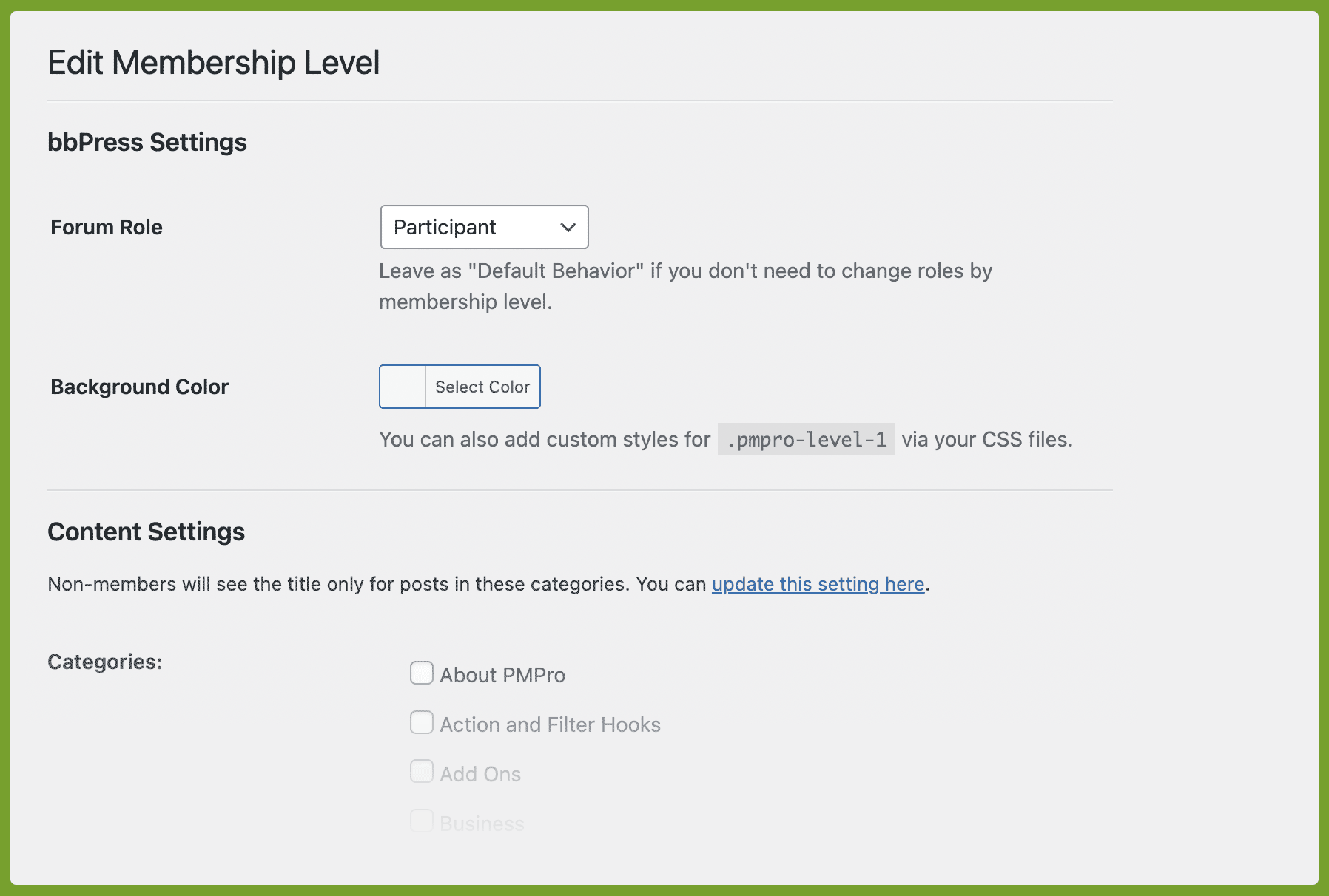 Specifty additional bbPress settings specific to a membership level on the Memberships > Settings > Membership Levels screen in the WordPress admin.