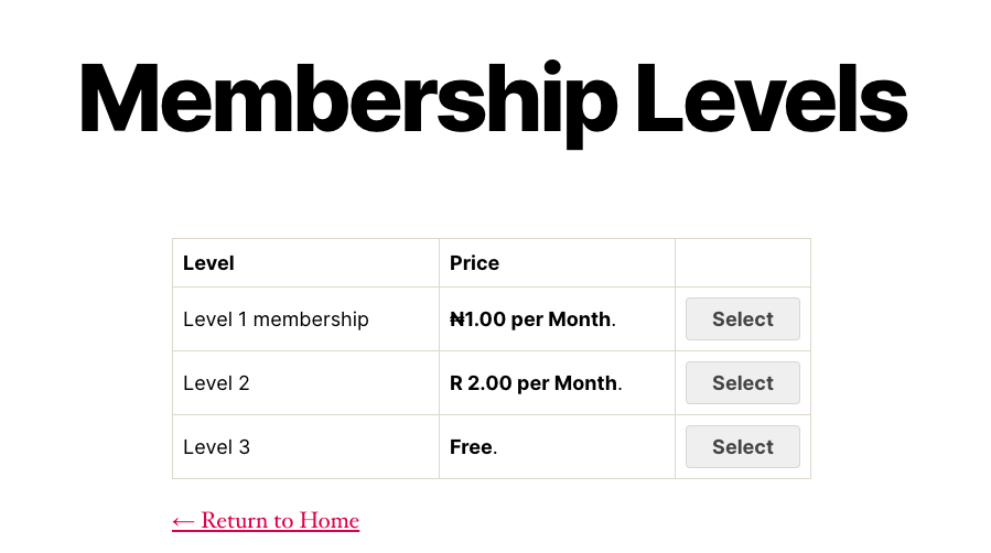 Customer Membership Levels page