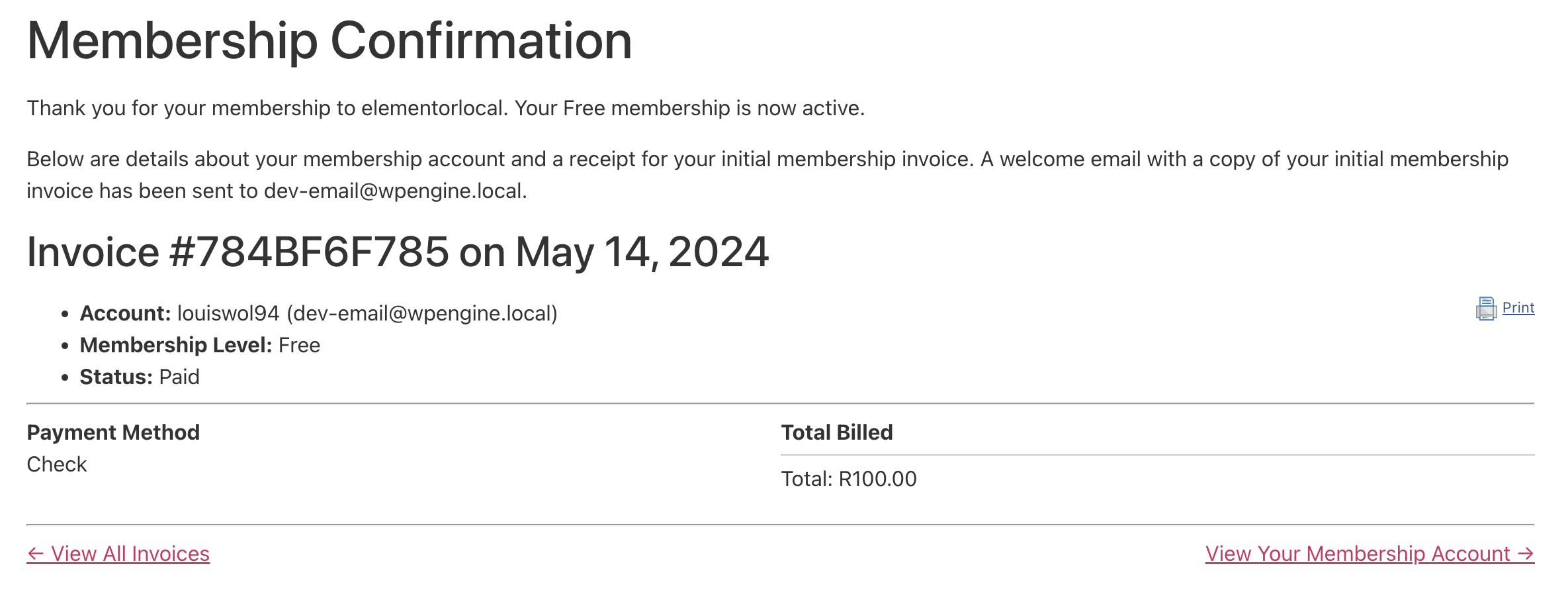 Membership Confirmation page