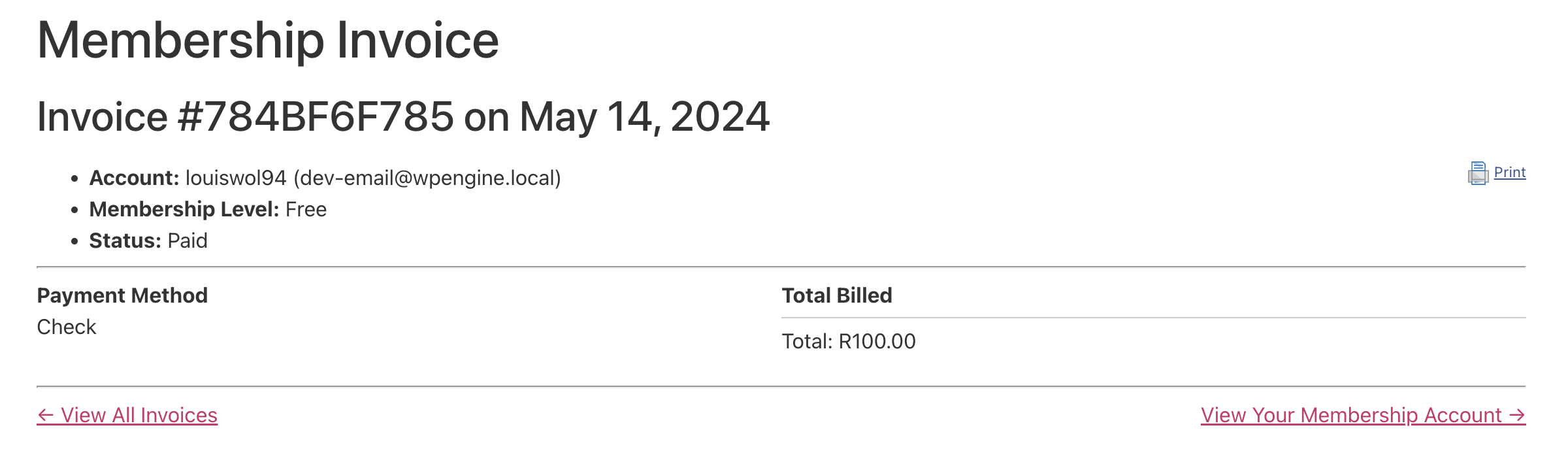 Membership Invoice page