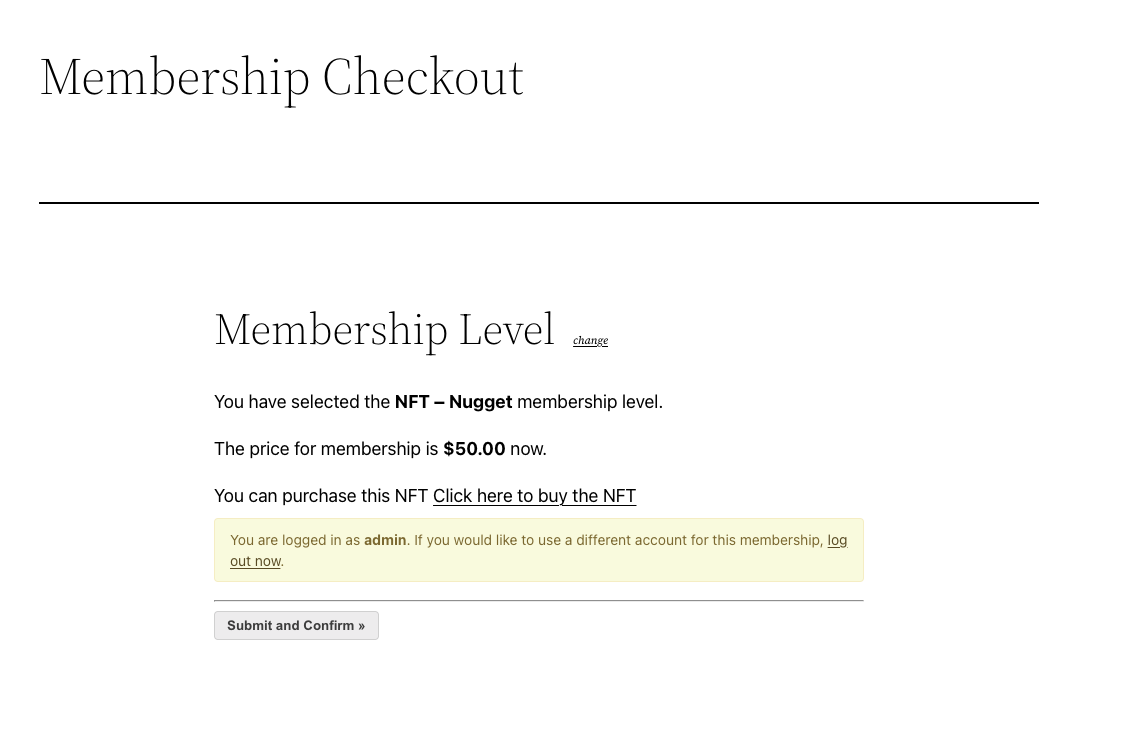 Checkout screen with the option to purchase the NFT