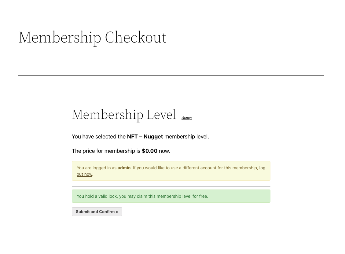 Checkout screen where a valid NFT holder can claim the membership level for free
