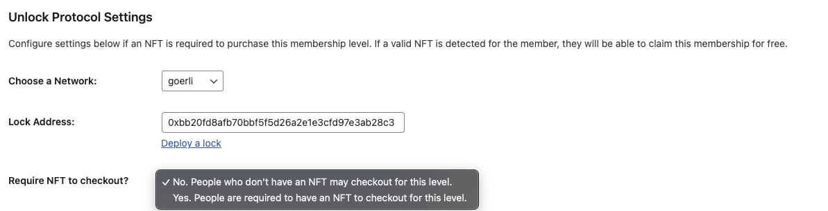 Membership level settings to link an NFT to a membership level