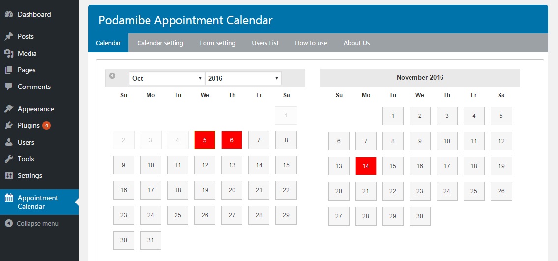 Backend date selection on calendar