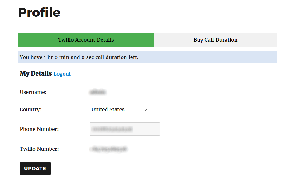 Screenshot 2 - User Twilio Account Details