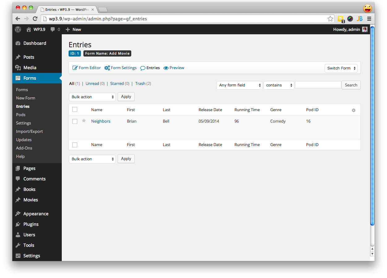 Form entries page showing Pod ID