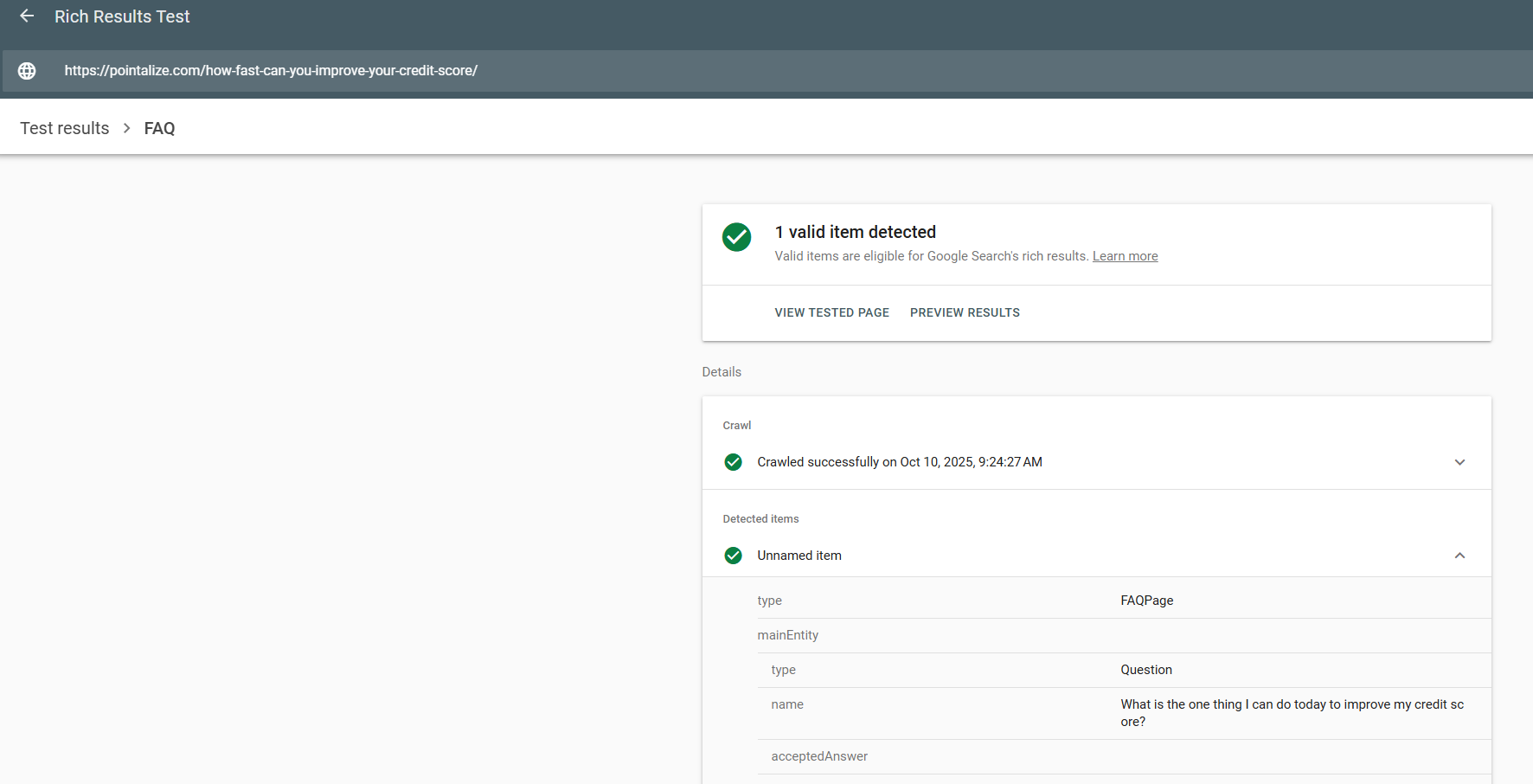 Validation in Google’s Rich Results Test showing the generated FAQPage JSON-LD.