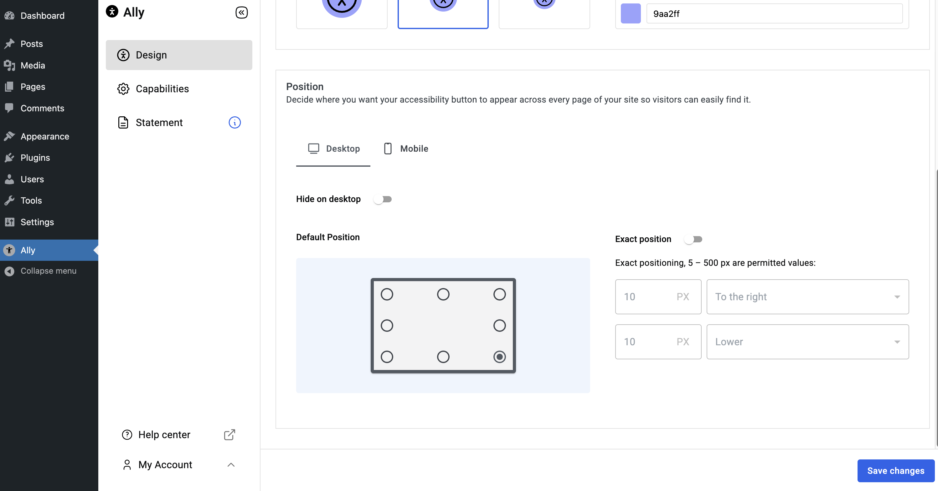 Position Settings: Set widget placement or hide it on desktop and mobile.