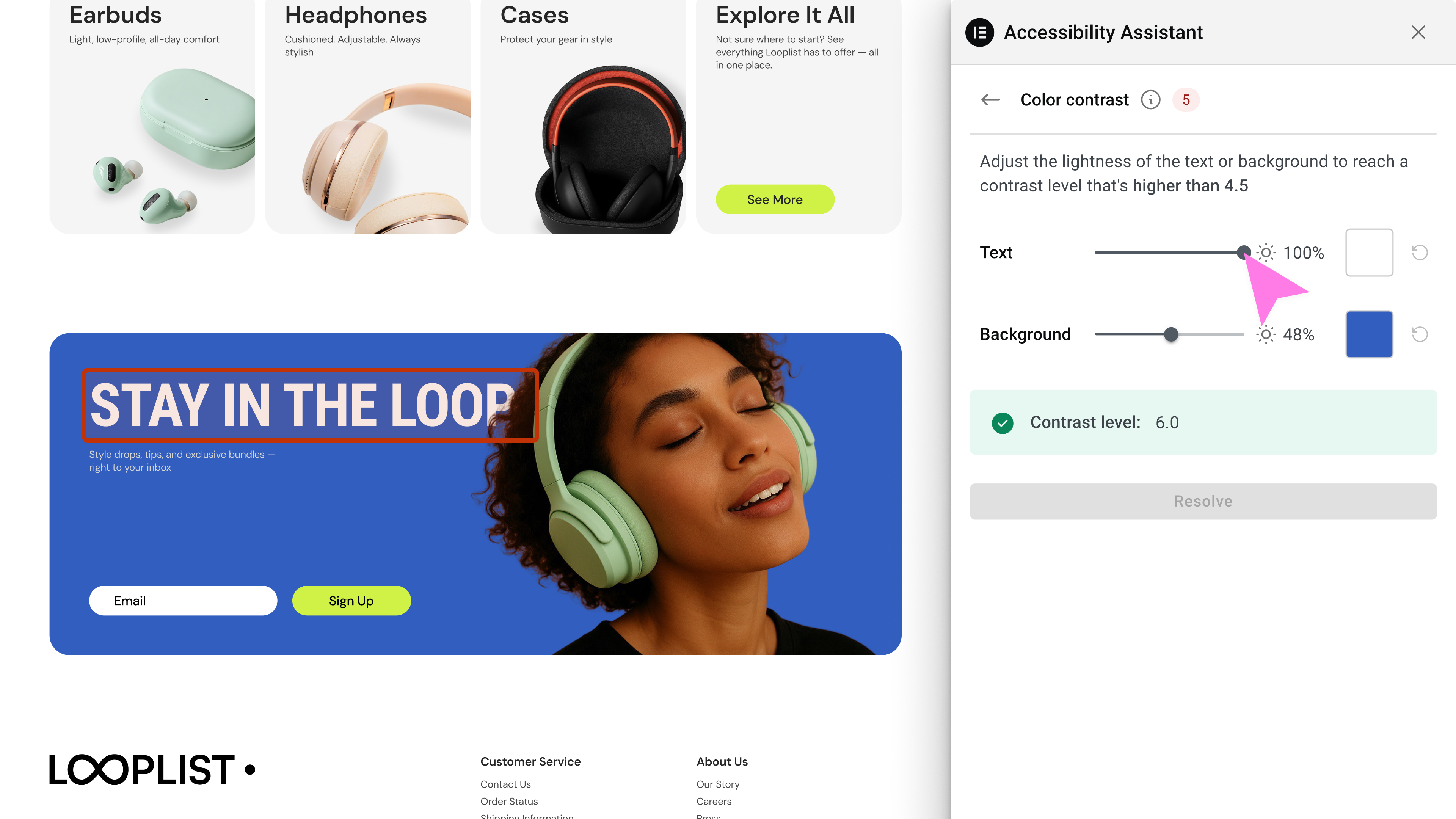 Color contrast: Fine tune text and background colors with live checks that validate contrast ratios.