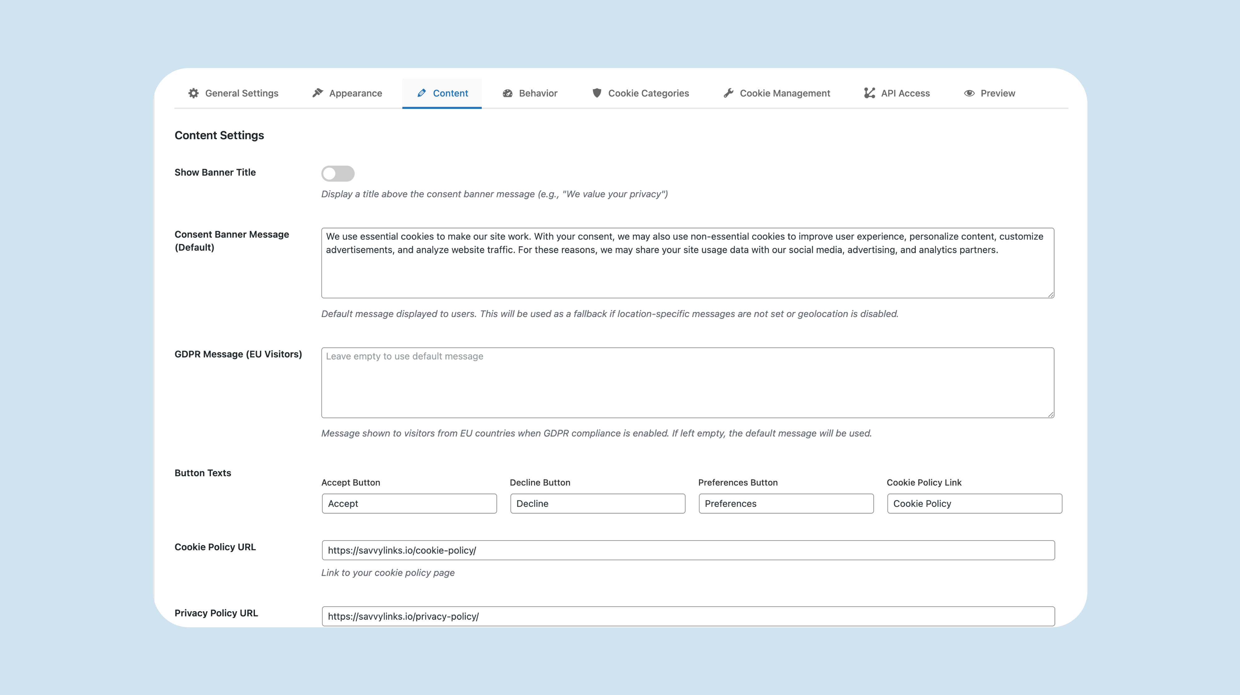 Admin settings (general/layout)