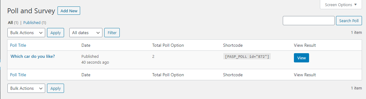 poll/survey/vote deshboard