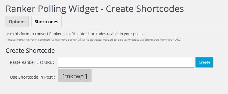 Example of the Ranker plugin Shortcode creation screen.