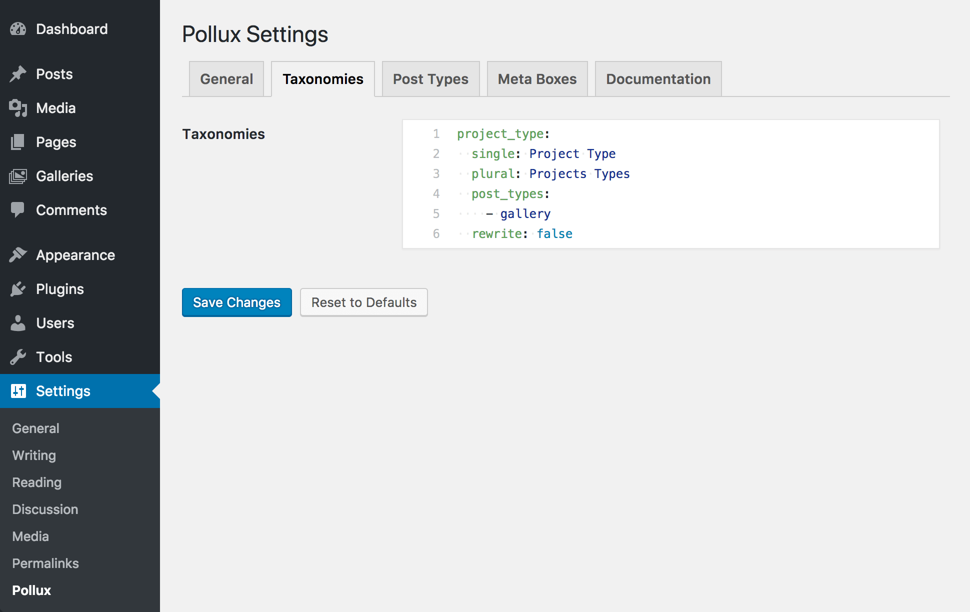 A view of the Pollux settings "Taxonomies" tab