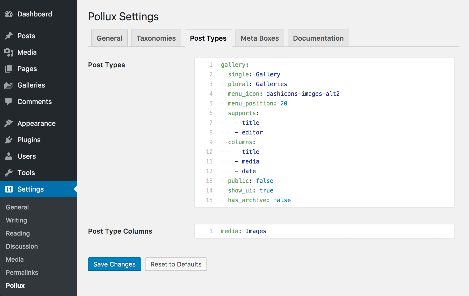 A view of the Pollux settings "Post Types" tab