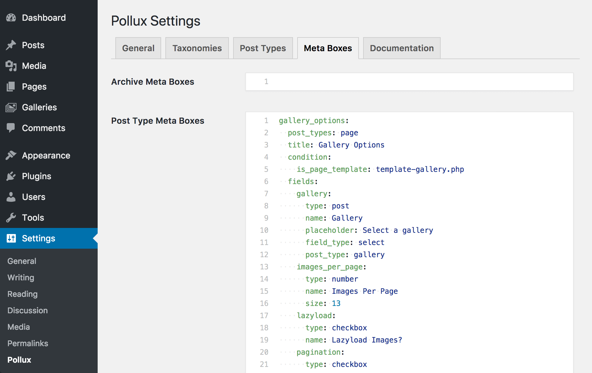 A view of the Pollux settings "Meta Boxes" tab