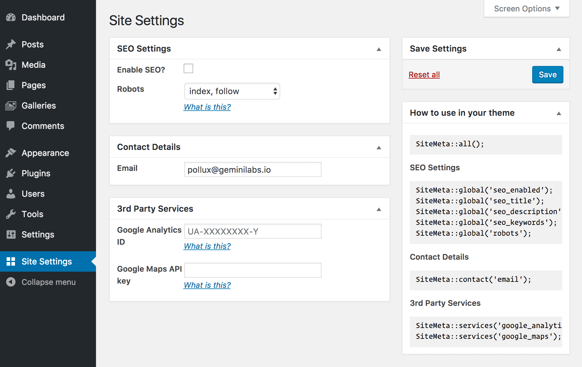 A view of the "Site Settings" page