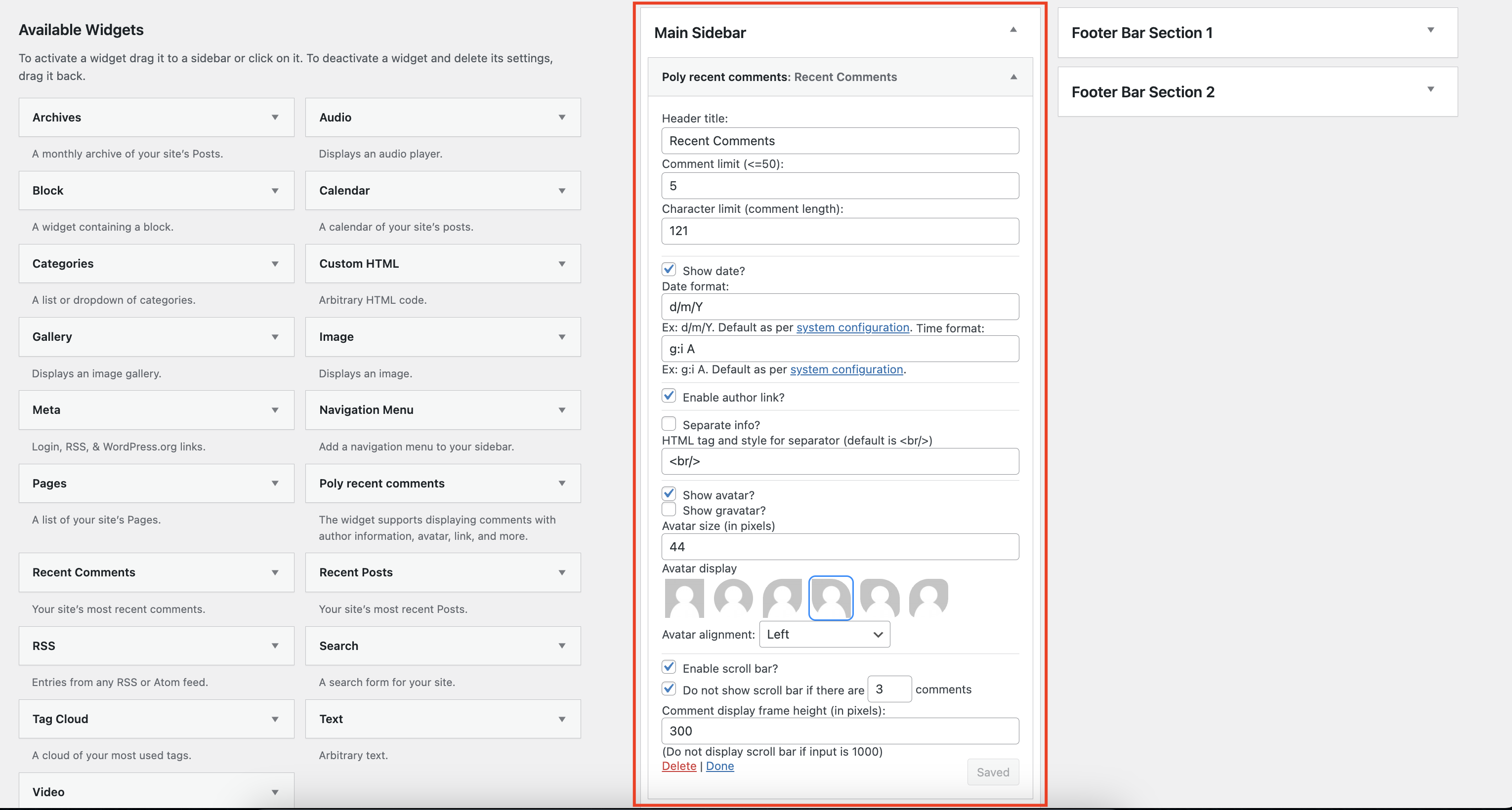 Plugin settings in the WordPress widget panel.
