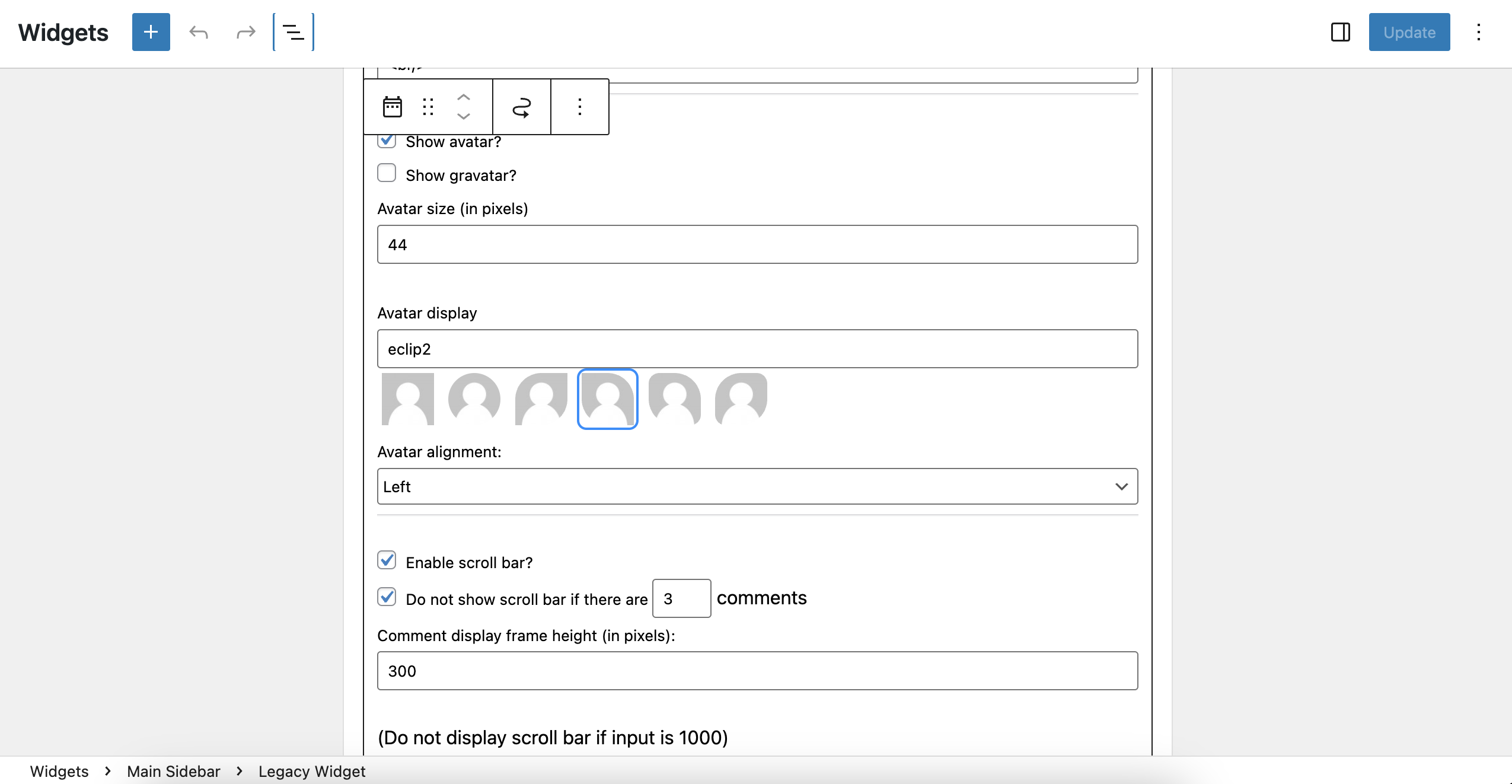 Plugin settings in the WordPress block widget panel.
