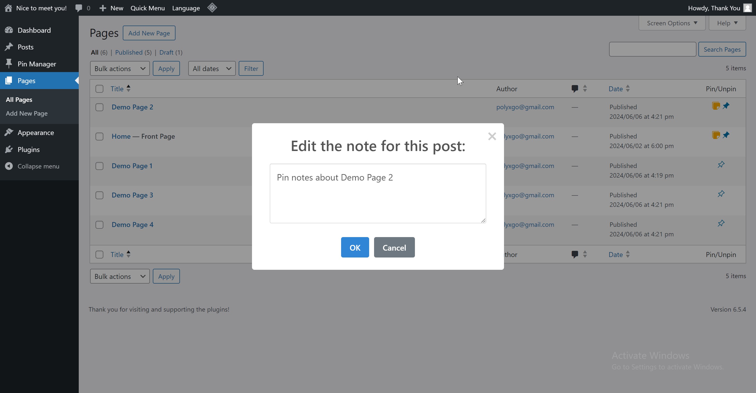 Pin/unpin/add notes for posts, pages, products, and custom post types.