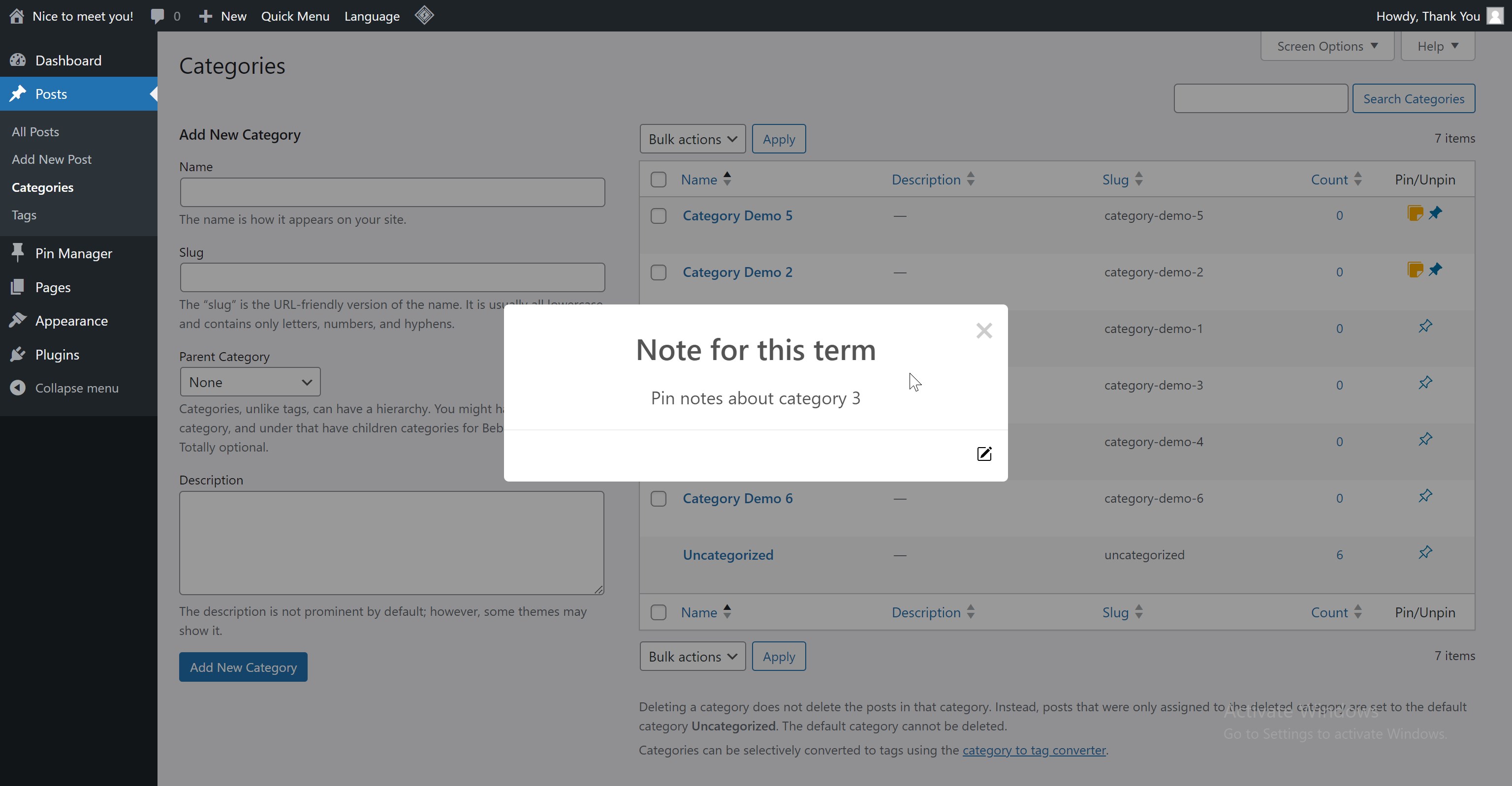 Pin/unpin/add notes for post categories, product categories, and custom taxonomies.
