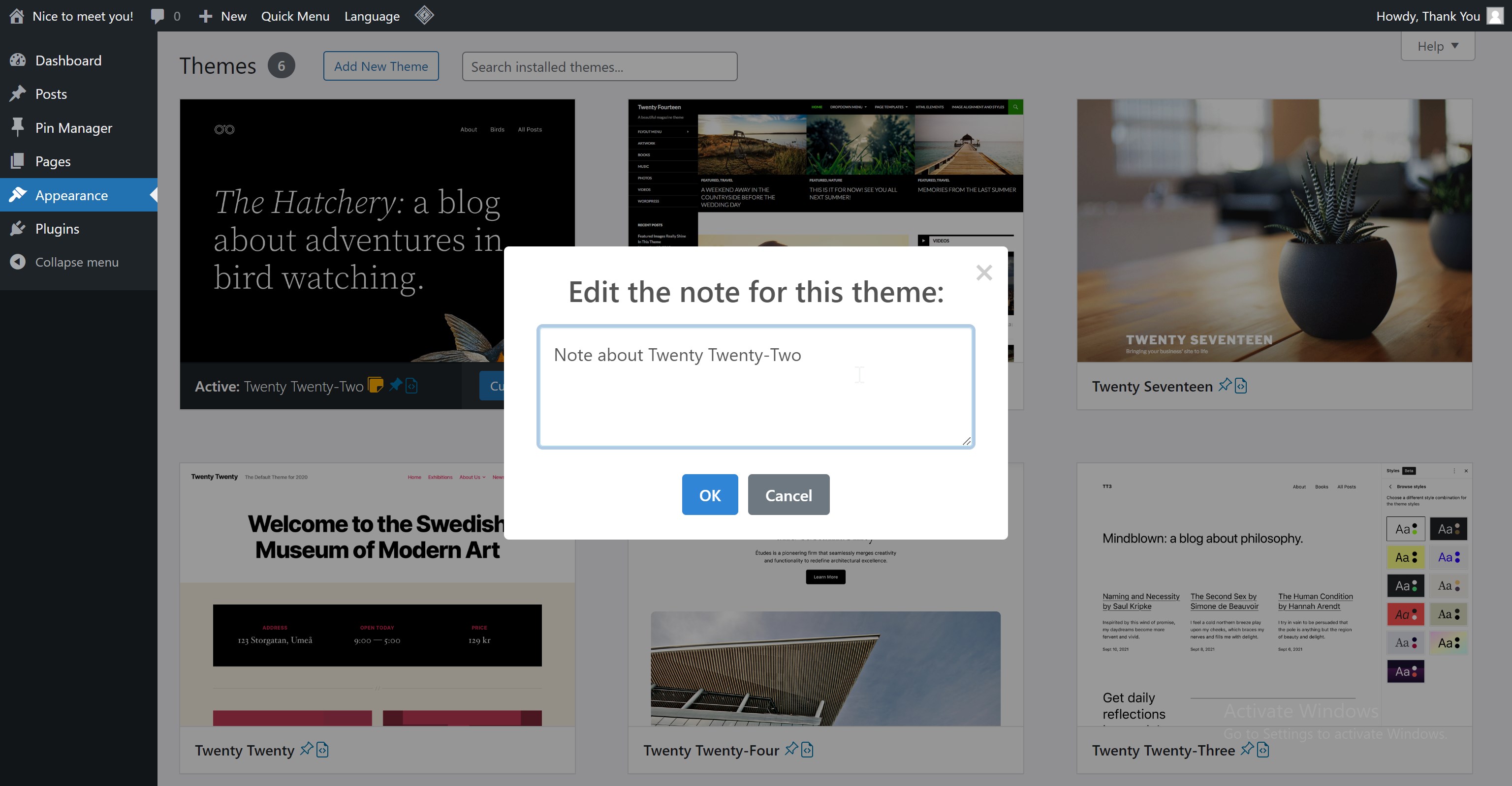Pin/unpin/add notes for themes.