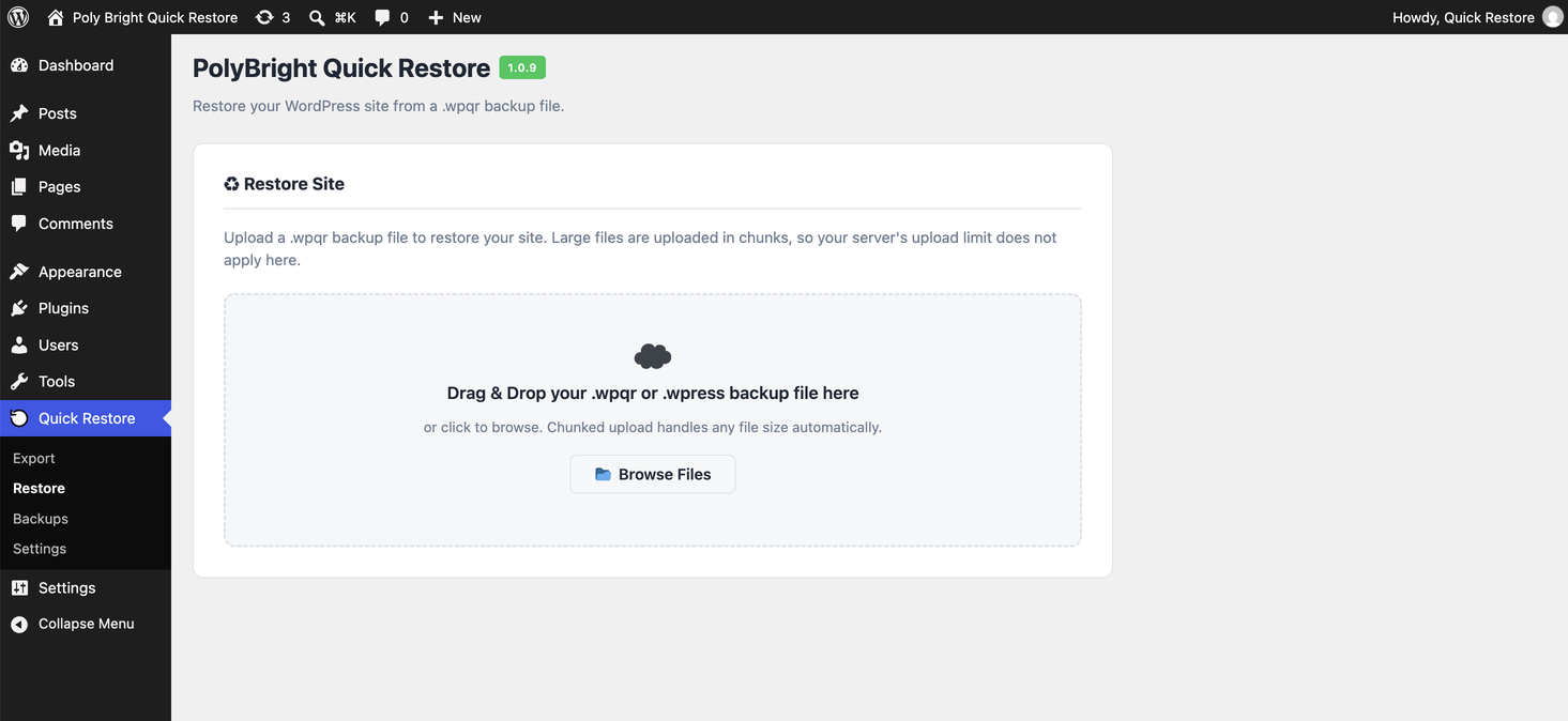 Restore page — drag and drop a backup, or restore a saved one.
